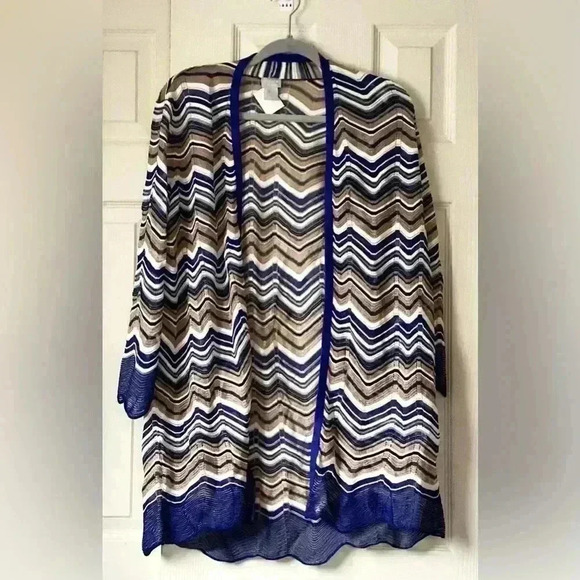 Chicos Travelers Cardigan Womens Blue Gold Multicolor Chevron Chico’s 2 Medium - Picture 1 of 9
